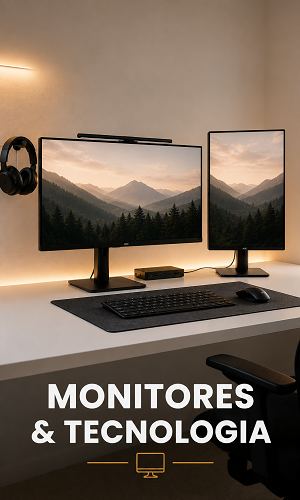 Categoria Monitores & Tecnologia com mesa de home office, dois monitores, teclado, mouse e ambiente moderno de trabalho