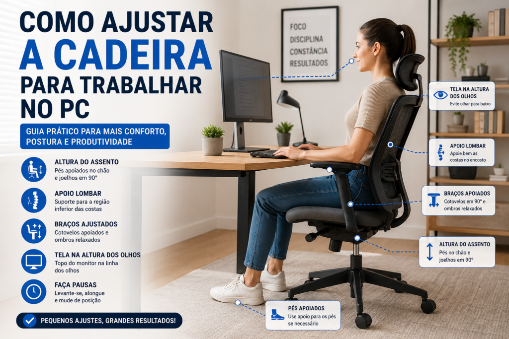 Como ajustar a cadeira para trabalhar no PC com monitor na altura dos olhos, apoio lombar e pés apoiados