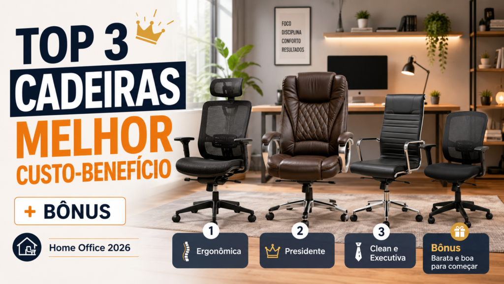 Top 3 melhores cadeiras custo-benefício para home office em 2026 com opção bônus barata