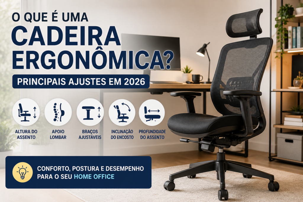 Cadeira ergonômica com principais ajustes para conforto e postura no home office