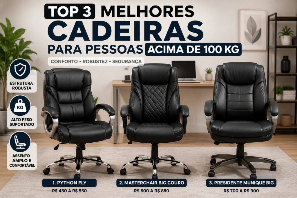 Top 3 melhores cadeiras para pessoas acima de 100 kg em 2026 com modelos presidente robustos, assento amplo e encosto alto
