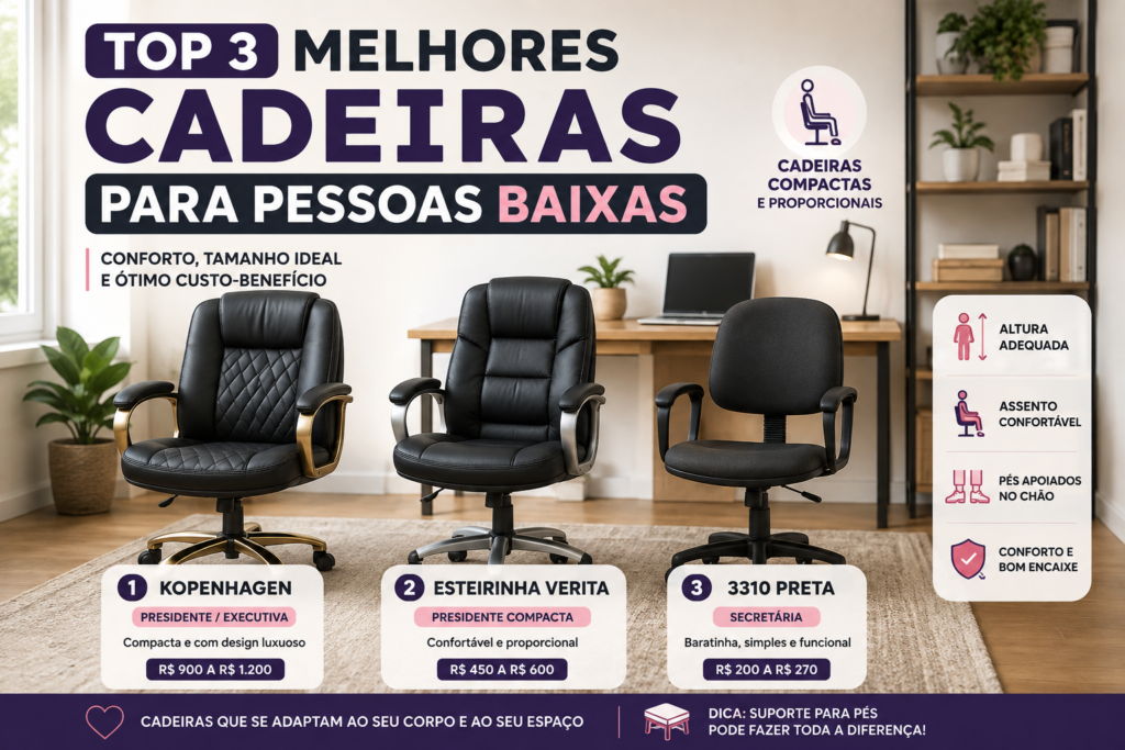 Top 3 melhores cadeiras para pessoas baixas em 2026 com modelos compactos, confortáveis e suporte para pés